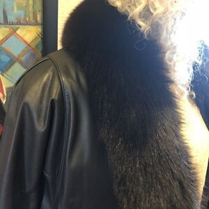 Classy Black Fox Fur Collared‎ Leather Jacket Coat